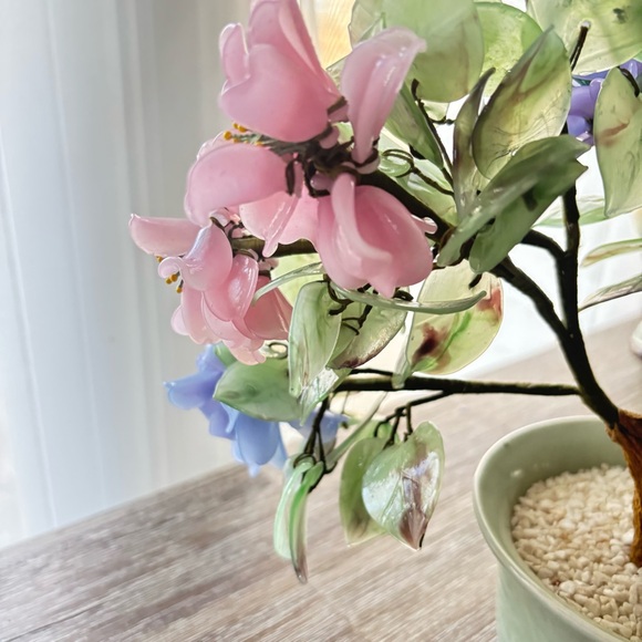 Vintage Jade Gemstone Bonsai Tree Rose Quartz Agate Carnelian Hand-carved Floral - Picture 3 of 15